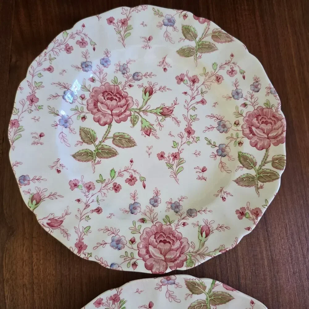 Vintage Johnson Brothers Rose Chintz Ironstone 2 Dinner Plates Cottagecore 1930s